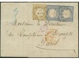 “METZ 18.MÄRZ.74” (Spalink 25-1N) zweimal klar auf waagerechtem Paar 2 Gr. grauultramarin und Einzelwert 5 Gr. ockberbraun al