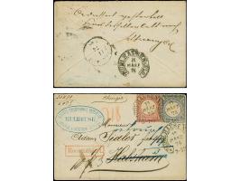 “MÜHLHAUSEN i. ELS. 13.MÄRZ.74” (Spalink 26-2) zweimal klar auf großer Schild 1 Gr. karmin und 2 Gr. grauultramarin als tarif