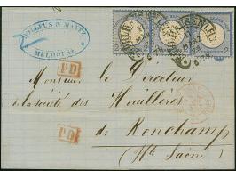 “MÜHLHAUSEN i. ELS. 17.MÄRZ.74” (Spalink 26-4) zweimal klar auf großer Schild 2 Gr. grauultramarin im waagerechten Paar und E