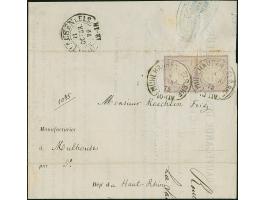 “MÜHLHAUSEN i. ELS. BHF. 11.OCTBR.72” (Spalink 26-5) zweimal klar auf waagerechtem Paar kleiner Schild ¼ Gr. grauviolett als 