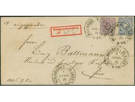 “MÜLHAUSEN i. ELSASS 6.APRIL.75” (Spalink 26-8) mehrfach klar auf 5 Pfge graupurpur and 20 Pfge dunkelultramarin als tarifger