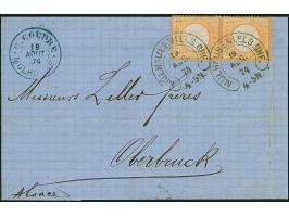 “MÜLHAUSEN i. ELS.BHF. 19.AUG.74” (Spalink 26-9) zweimal sehr klar auf senkrechtem Paar großer Schild ½ Gr. orange als tarifg