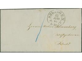 “SOLINGEN 23.JUNI.65” (Spalink 34-2) sehr klar auf bar frankierter Faltbriefhülle mit blauem Tax-Vermerk “1” (Sgr.) nach Wald