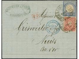 “STRASSBURG i. ELS. 25.MARZ.75” (Spalink 36-1N) zweimal klar auf großer Schild 2 Gr. grauultramarin und 10 Pfge mattrosa als 