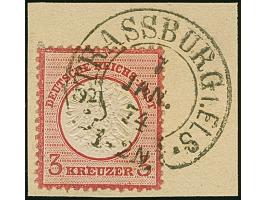 “STRASSBURG i. ELS. 7.JAN.74” (Spalink 36-1N) sehr klar auf großer Schild 3 Kr. karmin auf Briefstück, die farbfrische Marke 