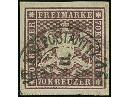 “STUTTGART K.W.POSTAMT I 23.APRIL.74” (Spalink 37-1) klar auf loser Marke Württemberg 70 Kr. braunlila mit unten nahezu volle