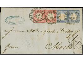 “HAMBURG I.A. 17.MARZ.74” (Spalink 17-3) dreimal klar auf großer Schild 1 Gr. karmin und 2 Gr. Grauultramarin jeweils in waag