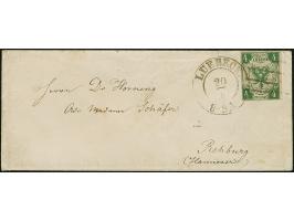 4 Sch. grün, farbfrisch und voll- bis breitrandig, mit Srichstempel und übergehendem DKr. “LUEBECK 20/6” auf kleinem Briefkuv