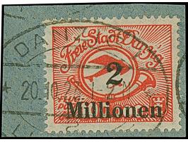 1923, Flugpost 250000 M. bis 5 Mio. auf 50000 M. kpl. je mit zeitgerechter Entwertung “DANZIG LUFTPOST a 20.10.23” auf vier B