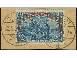 1920, großer Innendienst 2 M. mit klarem Stempel “ZOPPOT &nbsp;*d* 22.9.20” auf Briefstück, in einwandfreier Erhaltung. Eine 