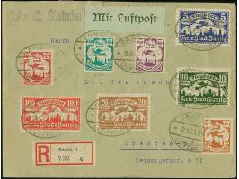 1923, Flugpost 40 Pfg.-20 M. mit Wasserzeichen 3Y komplett mit Zufrankatur je mit Stempel “DANZIG LUFTPOST a 12.6.23” vorder-