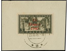1943, Freimarken 1Q- 3Fr., je sauber und einheitlich mit Stempel “TIRANA * B * 23.10.43.-10” auf Briefstück, teils winzig fle