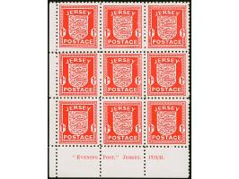 1941, Wappen 1P. auf gestrichenem, weißen Papier, 9er-Block aus der linken unteren Bogenecke mit Druckvermerk “EVENING POST,”