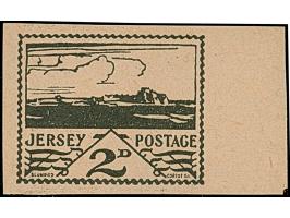 1943, Ansichten von Jersey, “Mise en train”, Probedrucke auf ungummiertem, blassrosa Papier, ½-2P., je mit rechtem Seitenrand