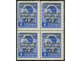 1943, 20 L. mit kopfstehendem Aufdruck, Viererblock, dabei die linke obere Marke mit Aufdrucktype III, die anderen in Aufdruc