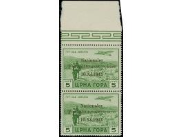 1943, Verwaltungsausschuss 25 Cent - 5 Lire, je im waagerechten Oberrandpaar, der untere Wert einheitlich mit Aufdruckfehler 