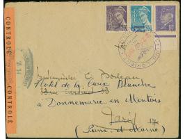 Merkurkopf 40-50C. sowie Pétain 60C., letzter Wert als Unterrandstück, sauber mit Stempel "FESTUNG LORIENT ZENSUR 22. Feb. 19