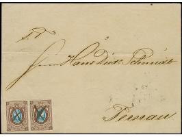 RIGA (Latvia): 10 kopeck brown and blue, horizontal pair with good to large margins, tied by pen crosses to letter sheet to P
