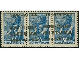 1941, 30 K. im waagerechten Dreierstreifen mit waagerechtem statt senkrecht verlaufendem Aufdruck, dieser etwas verschobene d