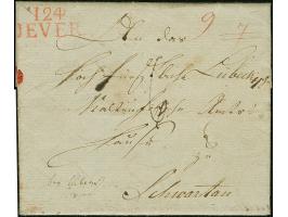 “124 JEVER” roter L2 klar auf komplettem Faltbrief (datiert Jever 11.9.1813) mit geändertem Tax-Vermerk nach Schwartau, in ei