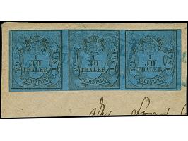 1/30 Th. auf blau im waagerechten Dreierstreifen mit blauem Rahmenstempel “VAREL 24.11” auf Briefstück. Die farbfrische Einhe