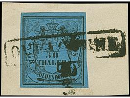 “OVELGÖNNE 20/3” in schwarz klar auf 1/30 Th. auf blau in Type II auf Briefstück. Die farbfrische Marke ist allseits breitran