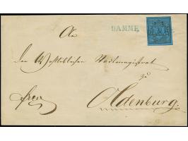 “DAMME” blauer L1 auf allseits breitrandiger 1/30 Th. auf blau in Type I auf Faltbriefhülle nach Oldenburg. Die farbfrische M
