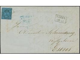 “VAREL 10.12.(52)” Rahmenstempel in schwarz auf allseits voll- bis breitrandiger 1/30 Sgr. auf blau in Type II auf komplettem