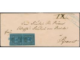 1/30 Th. auf blau, Type I und III (unten) im senkrechten Paar mit blauem L1 “FRANCO” auf Briefkuvert im Damenformat der 2. En