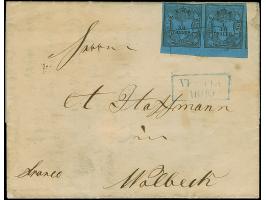 1/30 Th. auf blau in Type III im waagerechten Paar mit 3,5-4,5 mm Bogenrand unten, mit blauem Rahmenstempel “VECHTA 16.10.(57