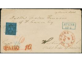 1/30 Th. auf blau, Type III, allseits voll- bis breitrandig geschnitten mit blauem Rahmenstempel “ATENS 13.4.” auf Briefkuver