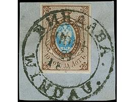 WINDAU (Ventspils, Latvia): 10 kopeck brown &amp; blue, large margins, neatly tied by central bilingual double circle to piec