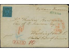 “ATENS”, blauer L1 auf allseits voll- bis breitrandiger 1/30 Th. auf blau, Type III auf Briefhülle mit weiterem Abschlag des 