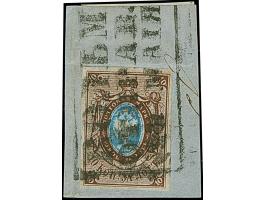 WOLMAR (Valmiera, Latvia): 10 kopeck brown &amp; blue, good to large margins, neatly tied by large part of boxed "WOLMAR OTPR