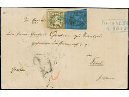 1/30 Th. auf blau, Type III und 1/10 Th. auf gelb, mit blauem L1 “FRANCO" auf komplettem Faltbrief mit blauem Rahmenstempel “