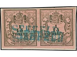 1/14 Th. auf rosa, Type I im waagerechten Paar mit blauem Ra1 “SEEFELD” auf Briefstück. Die farbfrischen Marken sind allseits