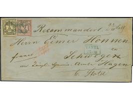 1/15 Th. auf rosa, Type I und 1/10 Th. hellgelb mit blauem Rahmenstempel “VAREL 22.10.(55)” auf komplettem R-Faltbrief der 3.