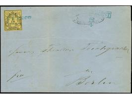 1/10 Th. auf hellolivgelb, farbfrisch und allseits vollrandig mit blauem L1 “FRANCO” auf komplettem Faltbrief mit blauem L3 “