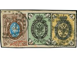 10 kopeck brown &amp; blue in combination with 1865, 1 kopeck and 1866/75, 3 kopeck with error 'background &nbsp;of 5 kopeck'