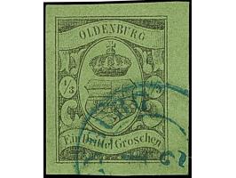 ⅓ Gr. auf grünlicholiv, farbfrisch und allseits breit- bis sehr breitrandig mit blauem DKr. “OLDENBURG 1.2.”. Die farbfrische