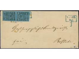 1 Gr. auf lebhaftgraublau, zwei Einzelmarken als Paar geklebt mit blauem Rahmenstempel “VAREL 9.5.” als tarifgerechte Mehrfac