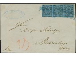 1 Gr. auf lebhaftgraublau im waagerechten Dreierstreifen mit blauem Rahmenstempel “OLDENBURG 9.8.(59)” als tarifgerechte Mehr