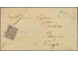 2 Gr. auf mattrötlichkarmin, farbfrisch und allseits besonders breitrandig mit blauem Rahmenstempel “CLOPPENBURG 28.6.” auf B