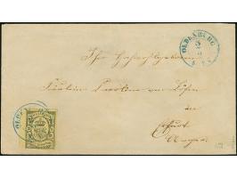 3 Sgr. auf gelb mit blauem DKr. “OLDENBURG 2.2." auf Briefkuvert der 3. Entfernungszone nach Erfurt mit Ausgabestempel. Der U