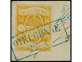 ¼ Gr. gelblichorange mit blauem Rahmenstempel “OVELGÖNNE 22.1.” auf Briefstück. Die Marke ist an drei Seiten voll- bis breitr