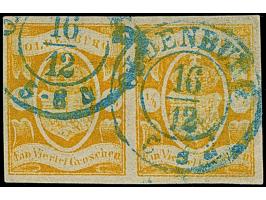 ¼ Gr. Gr. gelblichorange im waagerechten Paar mit doppelt aufgesetztem DKr. “OLDENBURG 16.12.”. Das farbfrische Paar ist alls