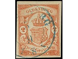 2 Gr. zinnoberrot mit Plattenfehler “Rahmenbruch in der linken unteren Ecke” und blauem DKr. “OLDENBURG 5.9.”. Die farbfrisch