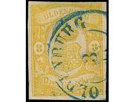 3 Gr. zitronengelb mit Plattenfehler “linke Wertziffer 8 statt 3”, sauber mit blauem DKr. “OLDENBURG 3…” entwertet. Die farbf