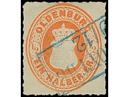½ Gr. orange mit Durchstich 10, sauber mit blauem Rahmenstempel “(FRIESS(OYTHE)…12” entwertet, in einwandfreier Erhaltung, Ku