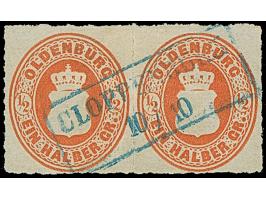 ½ Gr. dunkelrotorange mit Durchstich 11¾ im waagerechten Paar mit blauem Rahmenstempel “CLOPPENBURG 10.10.”. Das farbfrische 
